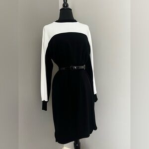 DKNY Black and White Long-Sleeve Shift Dress